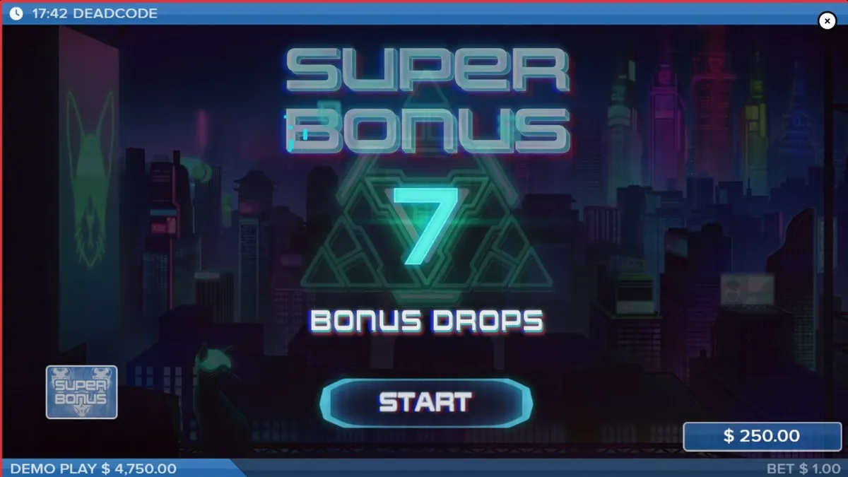 Deadcode slot machine interface na may cyberpunk at hacker theme