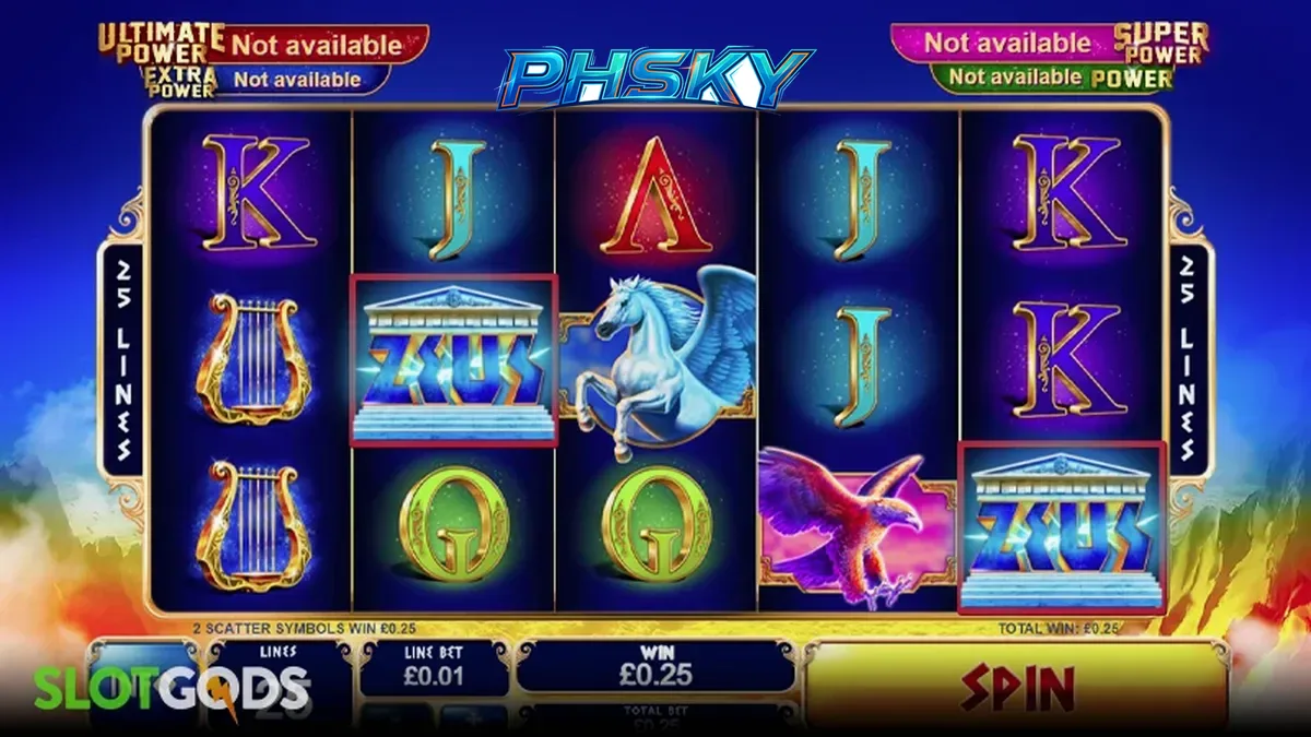 Age of the Gods: King of Olympus slot game interface na nagpapakita ng mga simbolo ng Griyegong mitolohiya.